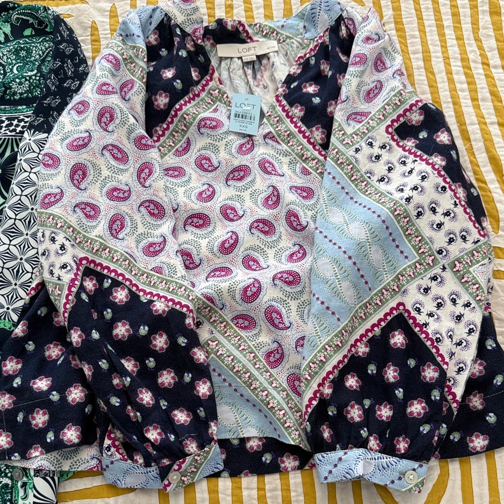 LOFT Paisley and Floral Blouse in Pink, Blue, and Black